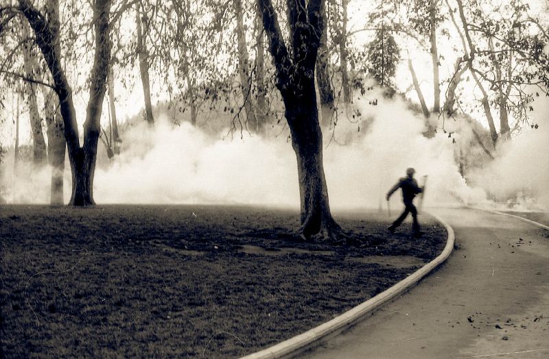 Policemen and teargas in a park in Santiago de Chile , 2011